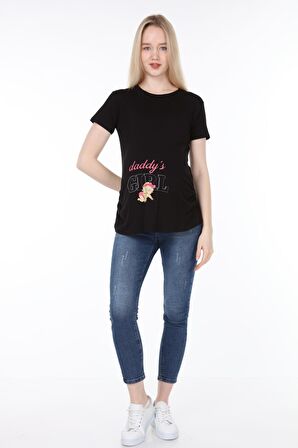 IŞŞIL 4477-Babasının Kızı Viskon Hamile Kısa Kol T-shirt Siyah-S