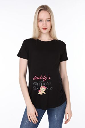 IŞŞIL 4477-Babasının Kızı Viskon Hamile Kısa Kol T-shirt Siyah-S