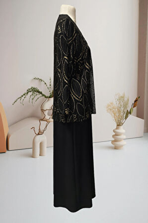 Hesna Siyah Deste Büyük Beden Ceketi Dantelli Anne Abiye Takım