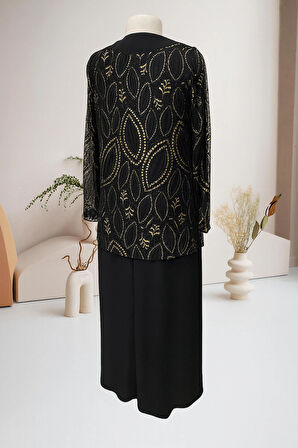 Hesna Siyah Deste Büyük Beden Ceketi Dantelli Anne Abiye Takım