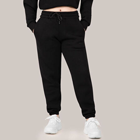Siyah Kadın Jogger, 3 İplik Kumaş, Normal Fit