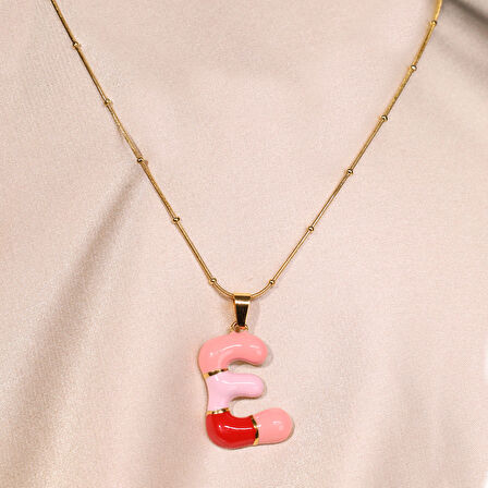 Çelik Kadın Kolye, Gold Renk Harf Kolye, Mini Boncuk Detaylı, No:97A