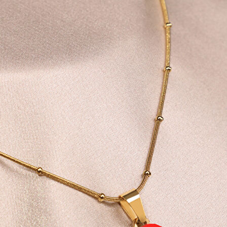 Çelik Kadın Kolye, Gold Renk Harf Kolye, Mini Boncuk Detaylı, No:97A