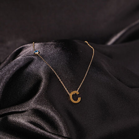 Çelik Kadın Kolye, Gold Renk Harf Kolye, Nazar Boncuklu No.137A