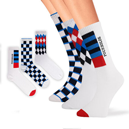 Erkek Soket, Normal Taban, Kare ve Ekose Desenli, Beyaz Üzeri Renkli, 3'lü set