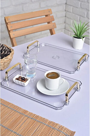 Gold Kulplu Türk Kahvesi Sunum Tepsisi | 2'li Şık Set 25x17cm