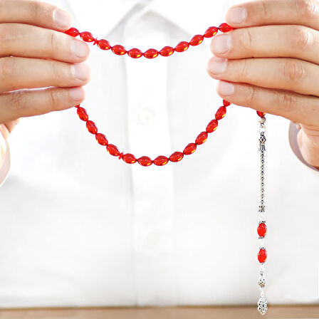 925 Ayar Gümüş Püsküllü Arpa Kesim Kırmızı Ateş Kehribar Tesbih