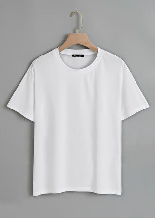 Unisex Oversize Bisiklet Yaka Düz Basic T-Shirt - BEYAZ