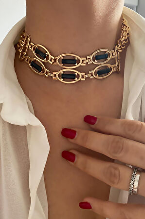 Siyah Detay Bronz Choker Kolye