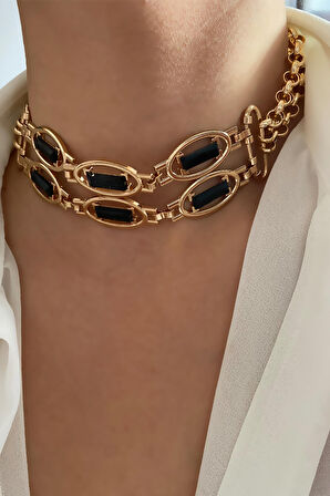 Siyah Detay Bronz Choker Kolye