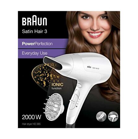 Braun HD385 Satin Hair 3 PowerPerfection AC Motor Sıcak ve Soğuk Saç Kurutma ve Fön Makinesi