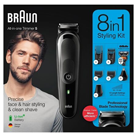 Braun MGK5260 6 Başlıklı Kablosuz Kuru Saç-Sakal-Kulak-Burun 8 in 1 Çok Amaçlı Tıraş Makinesi & Gilette Hediye 