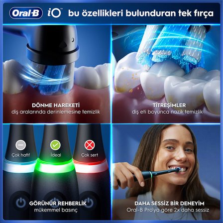 Oral-B iO6 Siyah Şarjlı/Elektrikli Diş Fırçası, 2 Fırça Başlığı, Uzun Ömürlü Pil, Premium Seyahat Kabı