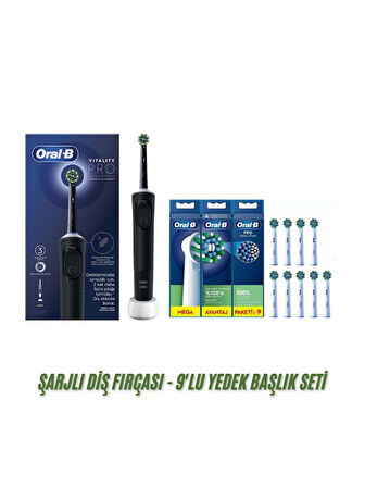 Oral-B D103 Vitality Pro Şarjlı Elektrikli Diş Fırçası Siyah, 9'lu Cross Action Yedek Başlık (Orta S