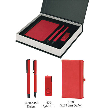 VIP Hediyelik Set - Defter, Kalem ve USB Bellek - (3’lü Kurumsal Hediye Seti) - 4210 Kırmızı