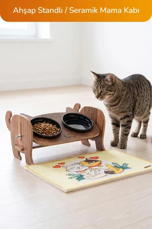 Ahşap Özel Isim Baskılı, Kedi Mama Seramik Su Kabı Standı Hediye Kedi Halısı