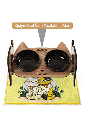 Ahşap Özel Isim Baskılı, Kedi Mama Seramik Su Kabı Standı Hediye Kedi Halısı