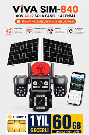 Sim-840 Çift Güneş Panelli 4G Sim Kartlı Kablosuz 4 Lensli Dış Mekan Güvenlik Kamerası 16MP PTZ 60 GB Sim Kart Dahil