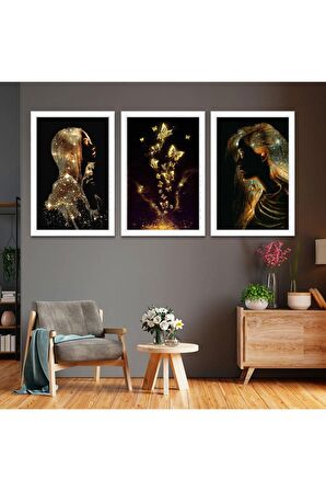 Gold Aynalı Pleksi Çerçeveli Beyaz Arka Planlı Mavi Modern Çiçek Mdf Tablo