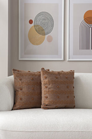 Geometrik Desenli İkili Punch İşlemeli Keten Kırlent Kılıfı 43x43cm, Dekoratif Kırlent Kılıfı