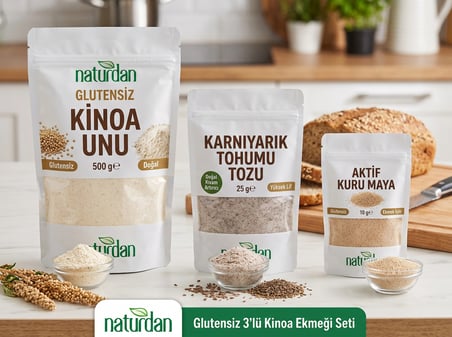 Glutensiz 3'lü Kinoa Ekmeği Seti | 500 Gr Beyaz Kinoa Unu + 25 Gr Karnıyarık Tohumu Tozu + 25 Gr Kuru Maya