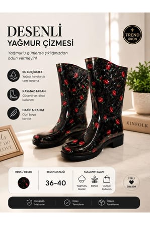Kadın LALE Desenli 35 Cm Uzun Bahçe Yağmur Çizmesi