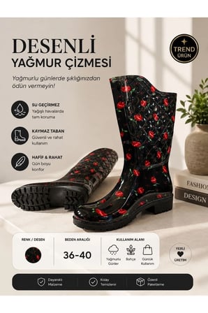 Kadın LALE Desenli 35 Cm Uzun Bahçe Yağmur Çizmesi