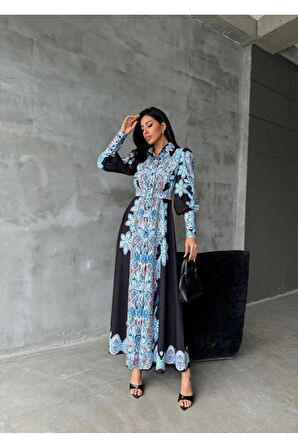 Atlas Kumaş Elbise (Kemer Dahildir)-Siyah