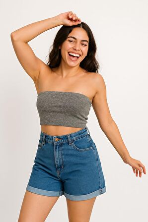 Kadın Duble Paça Yıkamalı Denim Şort