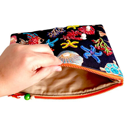 Uretti - Sümeyya 2589 7348 El Yapımı Deniz Canlıları Desenli Boncuk İşlemeli Clutch / Askılı Çanta