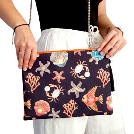 Uretti - Sümeyya 2589 7348 El Yapımı Deniz Canlıları Desenli Boncuk İşlemeli Clutch / Askılı Çanta