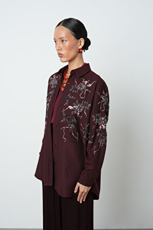 Kadın Önü Boncuk İşlemeki Bordo Renk Oversize Gömlek