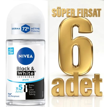   Nivea Invisible Black&White Pure Kadın Roll-On Deodorant 50 ML x 6