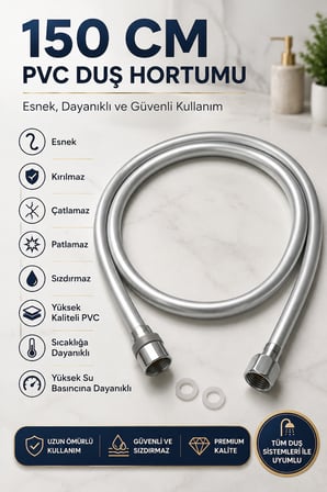 Gümüş PVC Duş Hortumu 150 cm Dolanmaz 360° Döner Başlıklı Yüksek Basınçlı inox Banyo Spirali