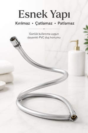 Gümüş PVC Duş Hortumu 150 cm Dolanmaz 360° Döner Başlıklı Yüksek Basınçlı inox Banyo Spirali