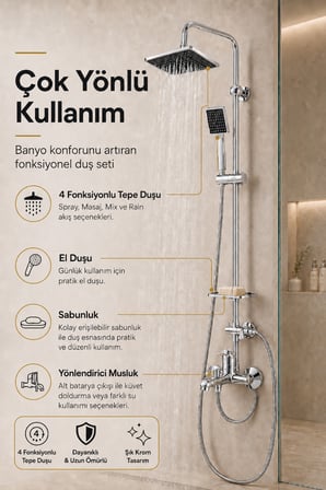 Krom Banyo Bataryası Sıcak Soğuk Mix Kare Tepe Yağmurlama Musluk ve Fonksiyonlu Robot Duş Seti