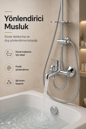Krom Banyo Bataryası Sıcak Soğuk Mix Kare Tepe Yağmurlama Musluk ve Fonksiyonlu Robot Duş Seti