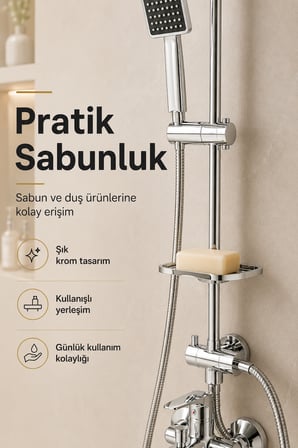 Krom Banyo Bataryası Sıcak Soğuk Mix Kare Tepe Yağmurlama Musluk ve Fonksiyonlu Robot Duş Seti