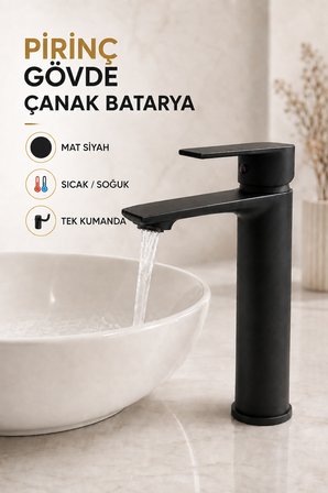 Mat Siyah Çanak Lavabo Bataryası Paslanmaz Pirinç Gövde Yüksek Tip Tezgâh Üstü Sıcak Soğuk 