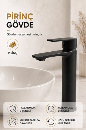 Mat Siyah Çanak Lavabo Bataryası Paslanmaz Pirinç Gövde Yüksek Tip Tezgâh Üstü Sıcak Soğuk 
