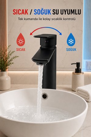 Mat Siyah Çanak Lavabo Bataryası Paslanmaz Pirinç Gövde Yüksek Tip Tezgâh Üstü Sıcak Soğuk 