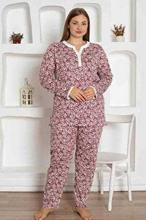 Kadın Çiçek Desen V Açık Yaka Düğmesiz %100 Pamuk Penye İnce Yazlık Uzun Kol Pijama Takımı