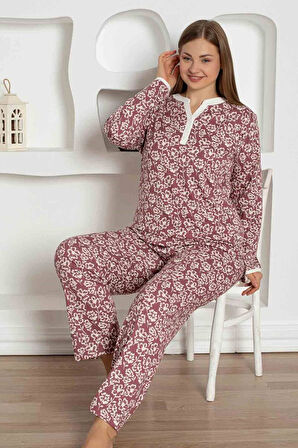 Kadın Çiçek Desen V Açık Yaka Düğmesiz %100 Pamuk Penye İnce Yazlık Uzun Kol Pijama Takımı