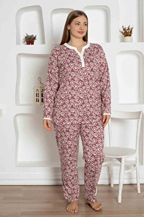 Kadın Çiçek Desen V Açık Yaka Düğmesiz %100 Pamuk Penye İnce Yazlık Uzun Kol Pijama Takımı