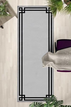 Çerçeve Klasik Gri Siyah Modern Dijital Baskı Yıkanabilir Kaymaz Yolluk Halı Gri