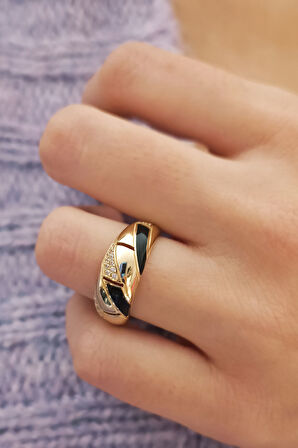 Sarı Altın Altın Siyah Mineli Bombe Yüzük