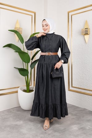 Fırfır Detaylı Kemerli Kot Elbise Siyah