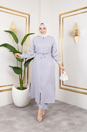 Kadın Ribanalı Fermuarlı Gri Keten İkili Takım 