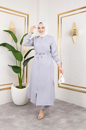 Kadın Ribanalı Fermuarlı Gri Keten İkili Takım 