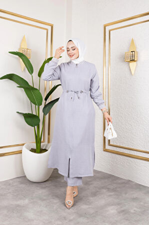 Kadın Ribanalı Fermuarlı Gri Keten İkili Takım 